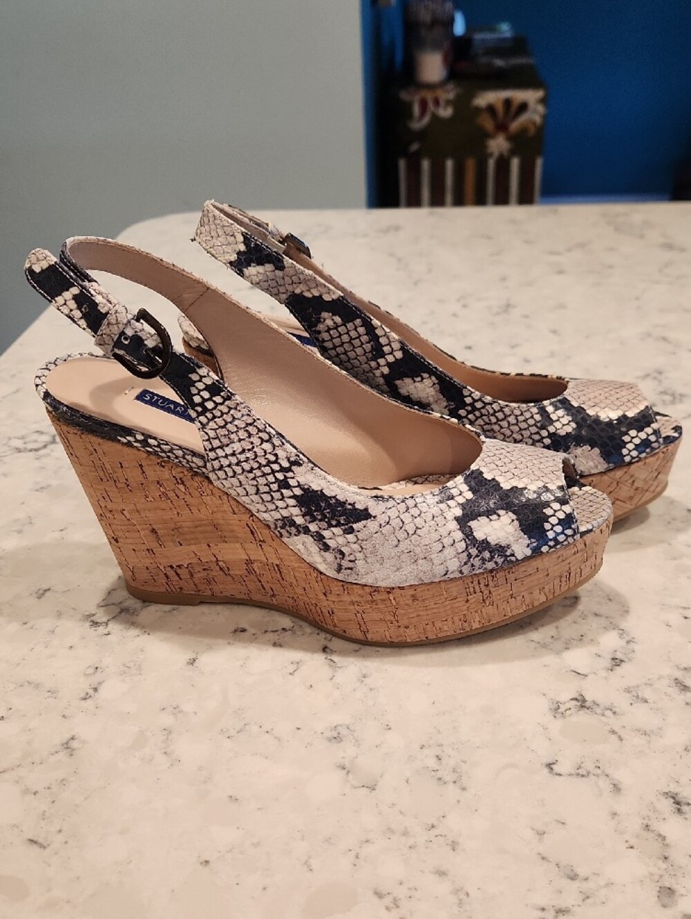 Stuart Weitzman Beige and Dark Navy Snake-Print Slingback Wedges - Picture 5 of 9